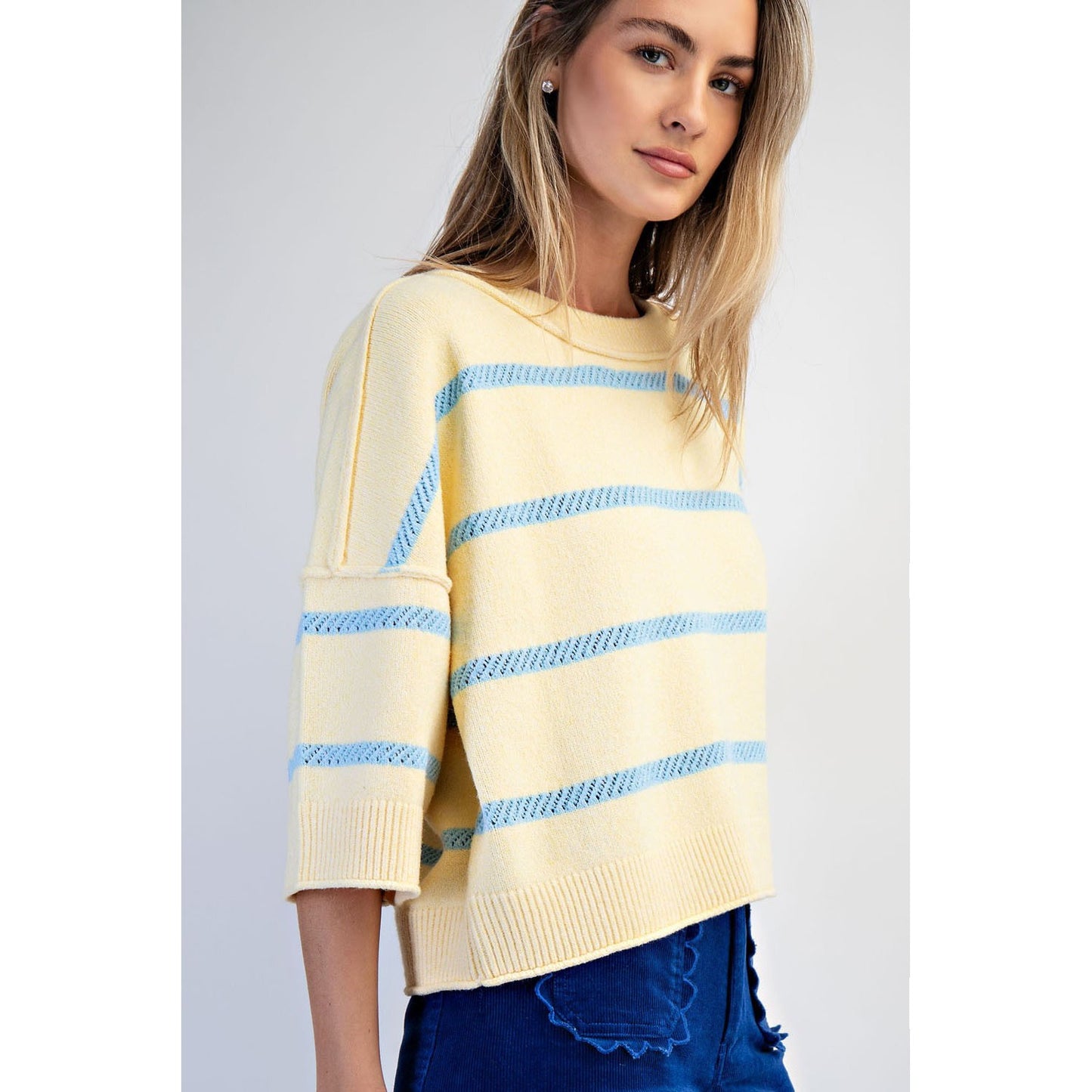 Softest Luxe Striped Crew Sweater Top 0107 - Lemon/LT Blue