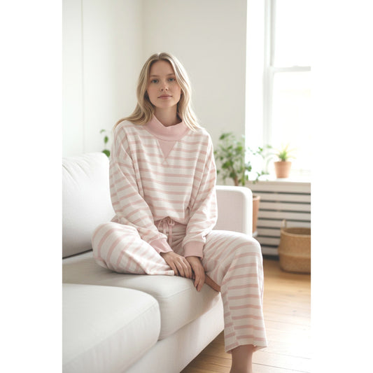 Blush Stripe Lounge Set – Relaxed Fit Drawstring Pants & Collared Top 2926 / 5720