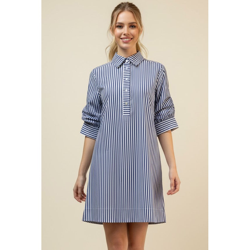 Blue Striped Pleated Sleeve Mini Dress 7062