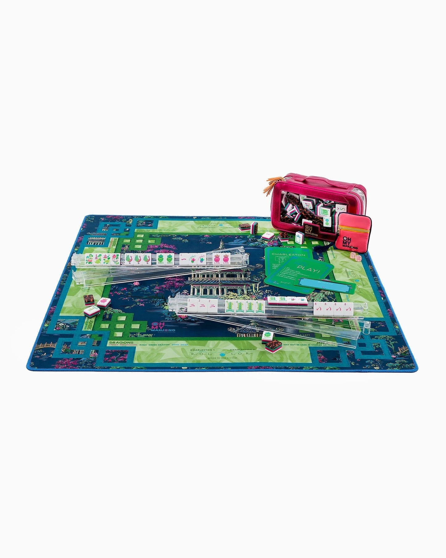 Board game with colorful mat and pink carrying case on a white background