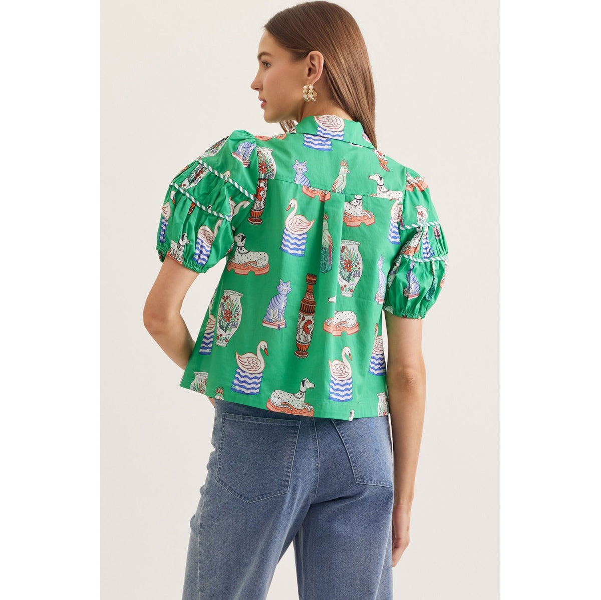 Green Novelty Print Puff Sleeve Top β Tiered Yoke Button Front Blouse 0389