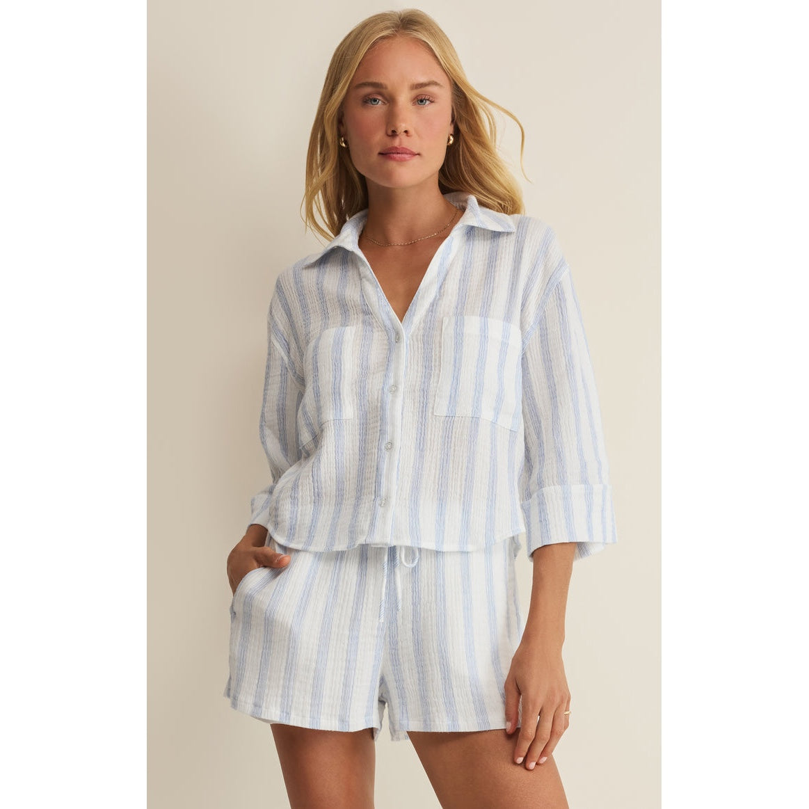 Helena Striped Airy Gauze Button Up – Sea Salt (Pairs with Daylight Shorts)
