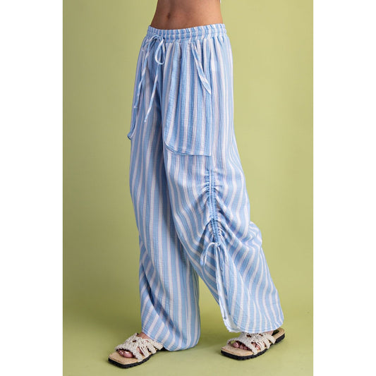 Easel - Striped, Wide Leg, Gauze Pants w Drawstring 0013 - Peri Blue