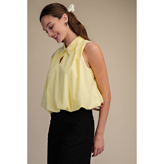 Bubble Hem Sleeveless Blouse – Butter Yellow Collared Flowy Top 9649