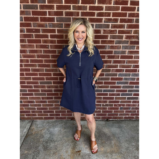 SS - Half Sleeve, Half Zip, Drawstring Waist Scuba Dress w Pockets 7584 - Navy