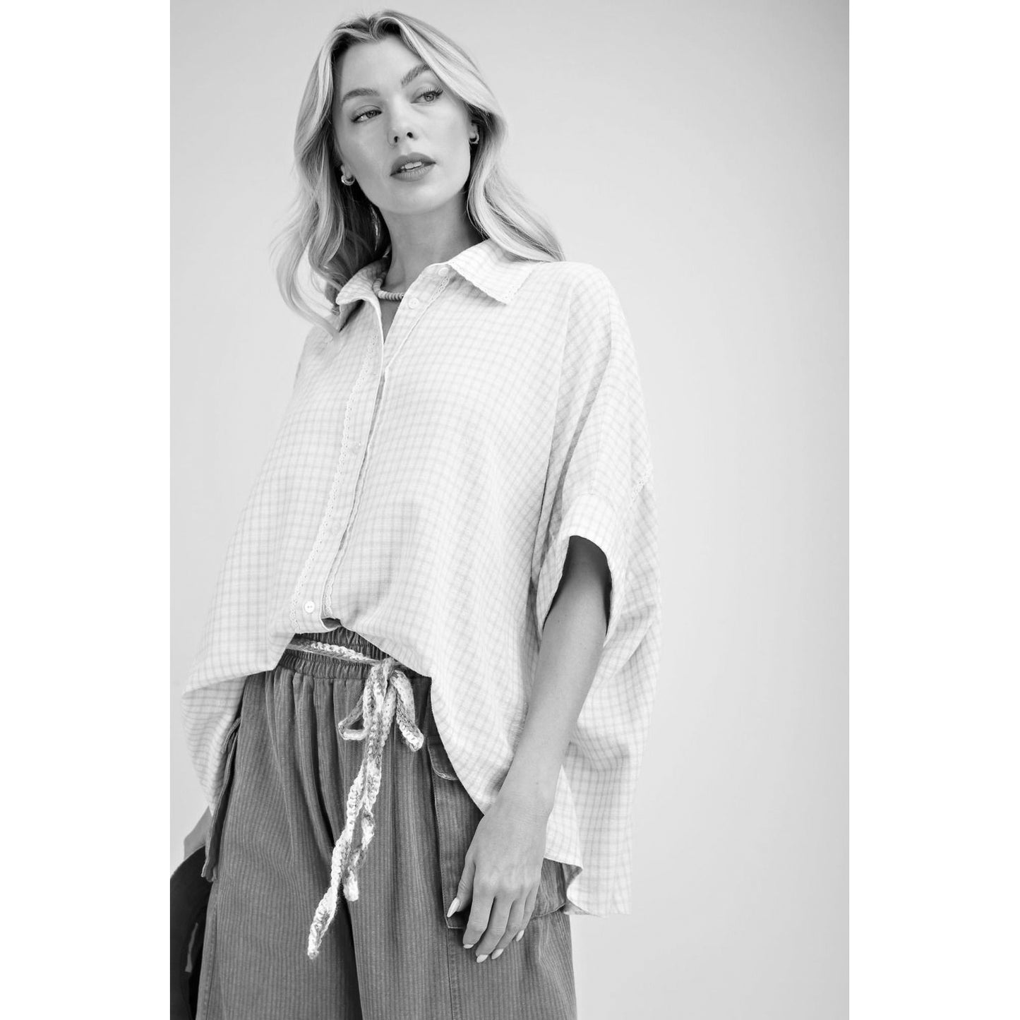 Easel - Textured, Linen, Half Sleeve Button Down Top 9003 - Mustard