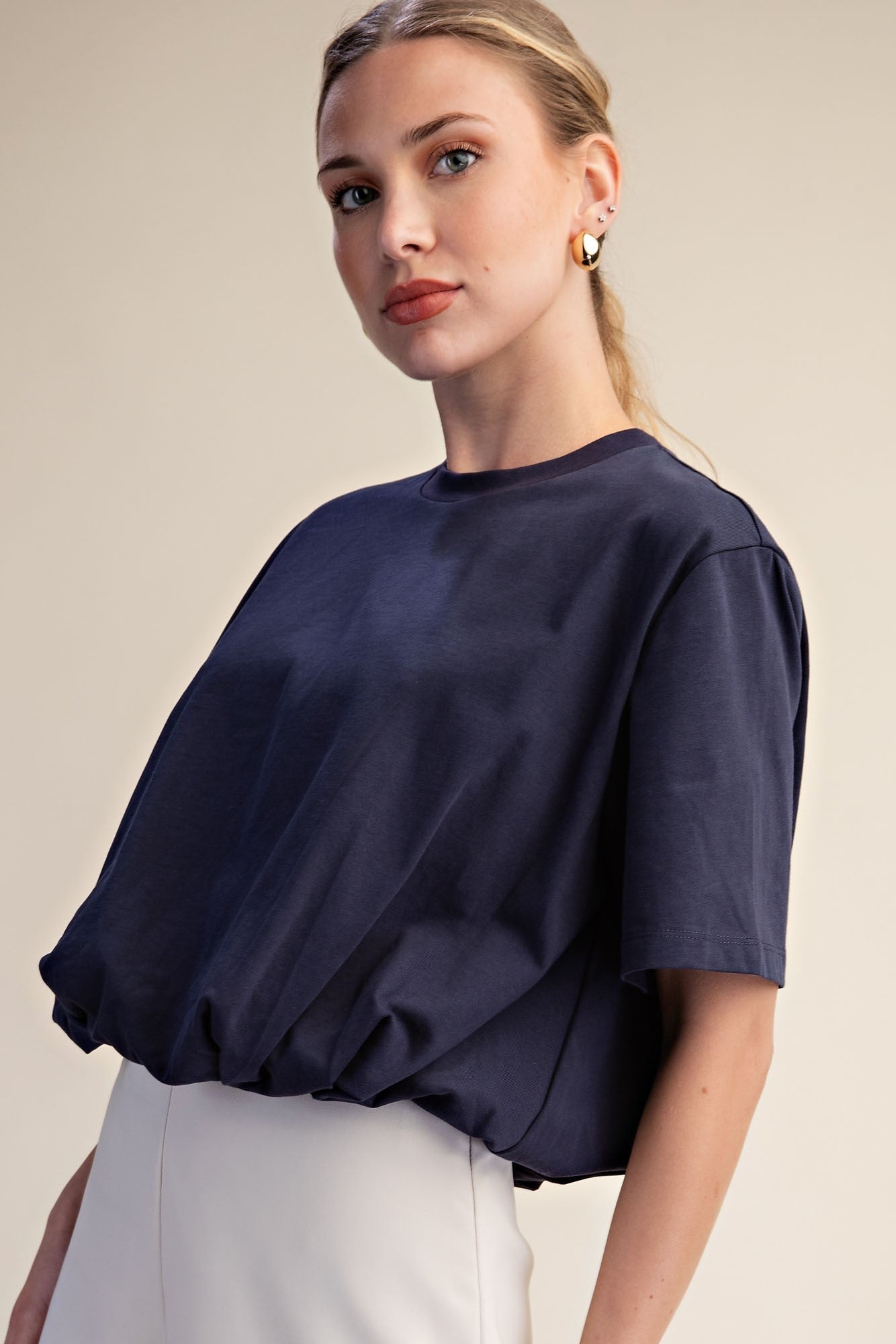 Cropped Bubble Hem T-Shirt Top – Navy