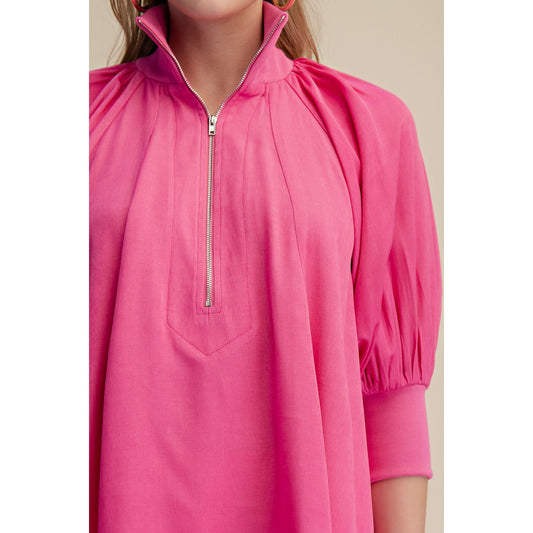 Hot Pink Half Zip Blouse – Mock Neck Puff Sleeve Top - 8080*
