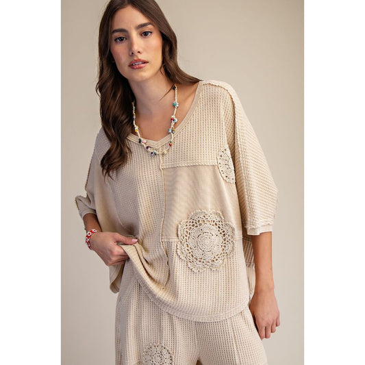 Easel - Crochet Patch, Detail Thermal Top & Pants Set 7947 / 7003 - Khaki