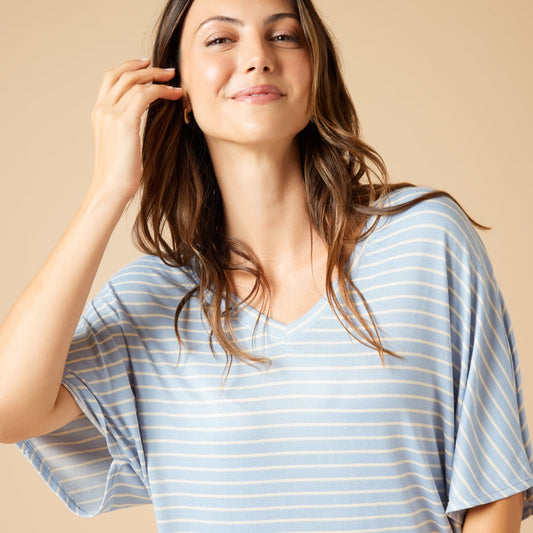 Softies - Sky Blue Striped, Dream Relaxed V-neck with Capri Lounge Set