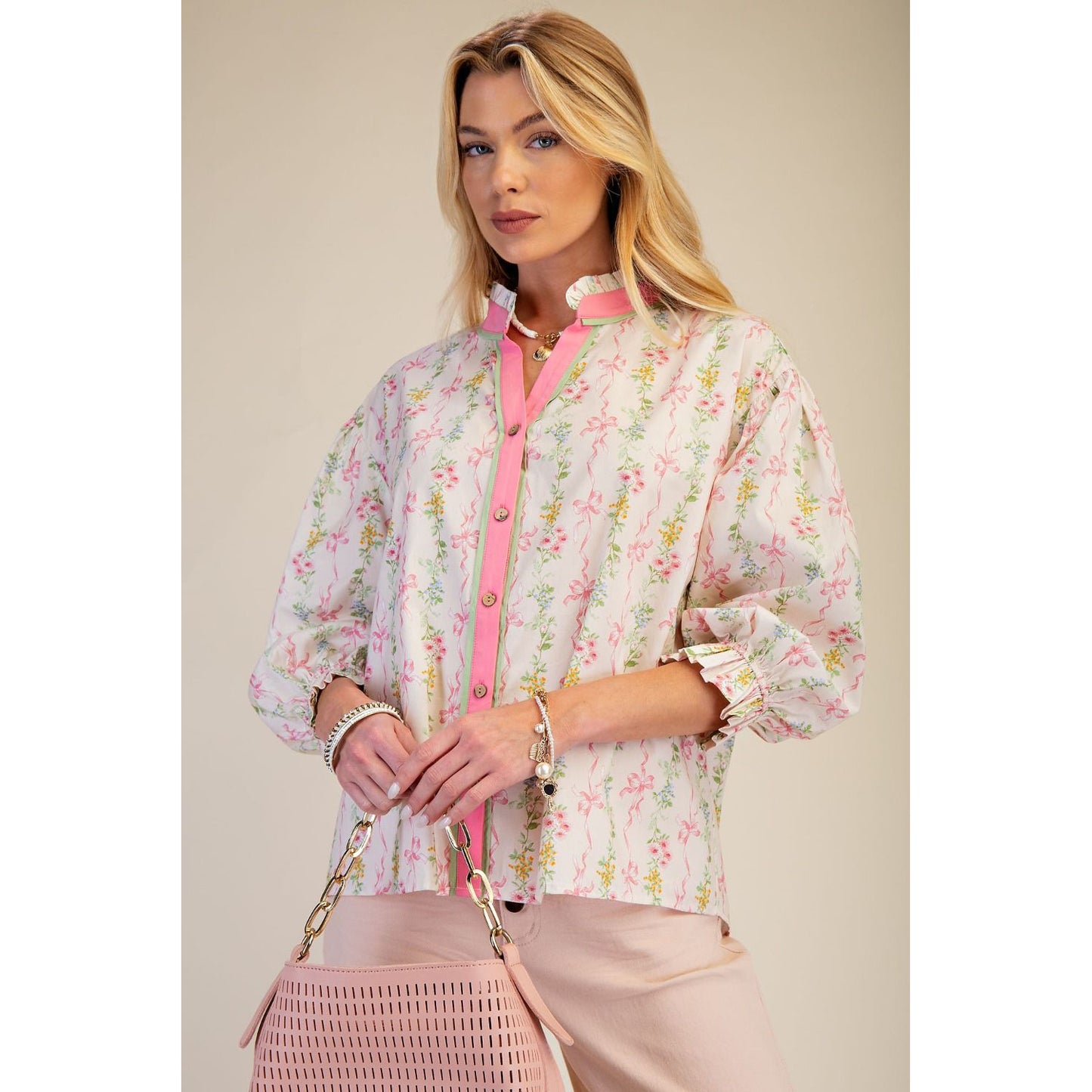 Easel - Floral Printed, Stretch Poplin Button Down Top 9158 - Pink