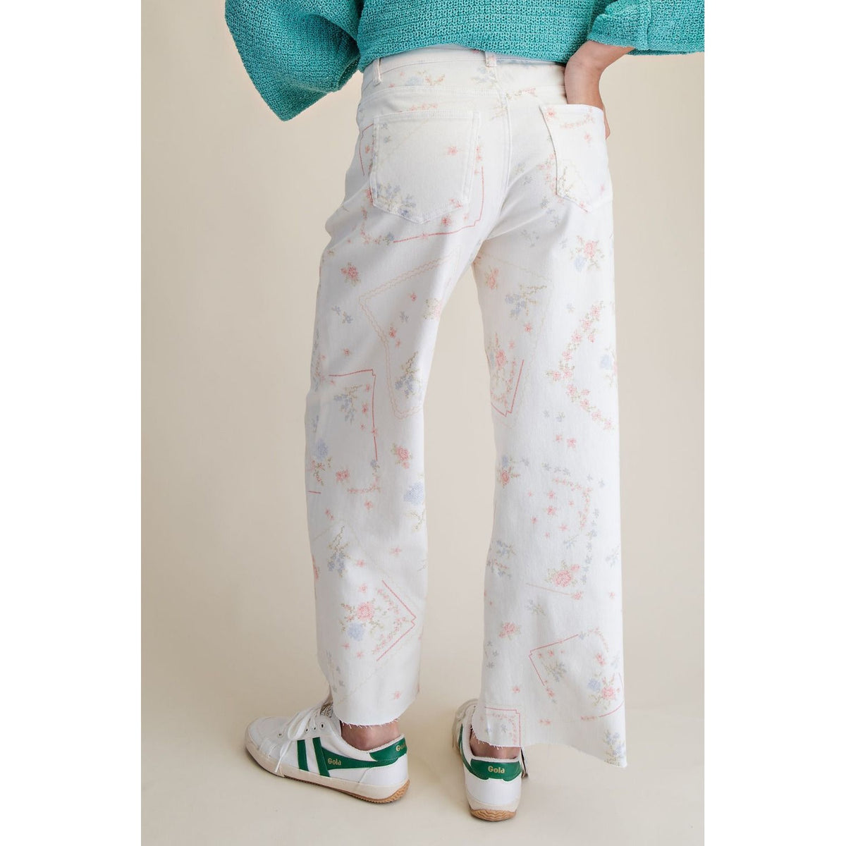 White Cross Stitch Floral Washed Twill Pants 0236