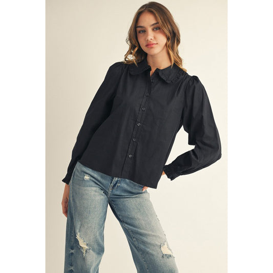 JL - Ruffle Accent, Button Down, Collared Top 2571 - Black