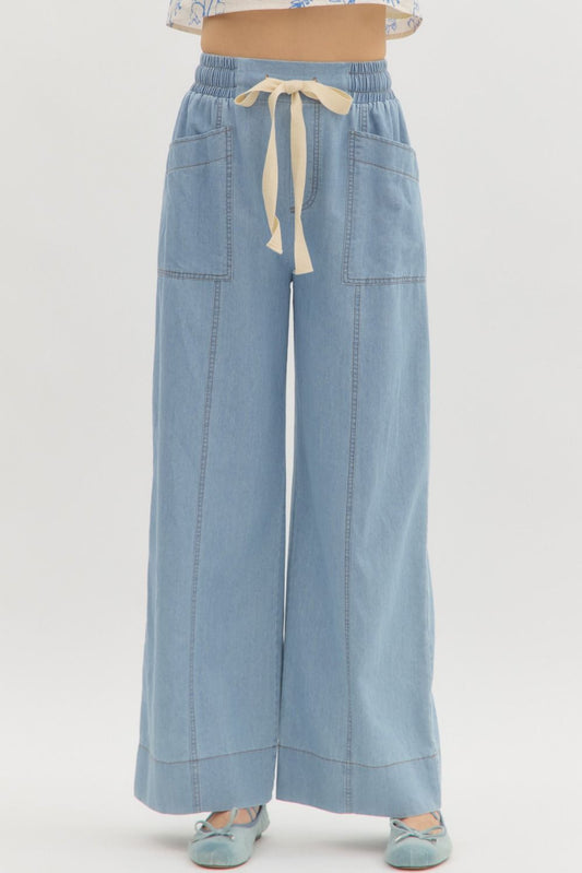 ENTRO - High Waist, Wide Leg Pants w Cargo Pockets 7481 - Light Denim