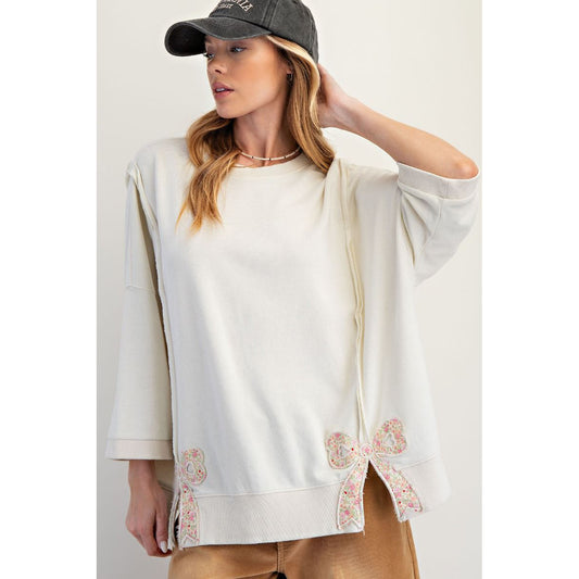 Easel - Bow Patch, Oversized, Washed, Terry Pullover Sweater Top 8101 - Cream