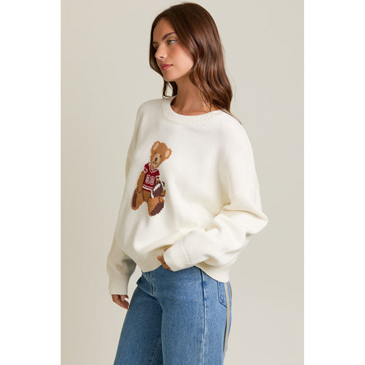LL - Long Sleeve, Crew Neck, Teddy Bear Sweater 5160 - White / Red