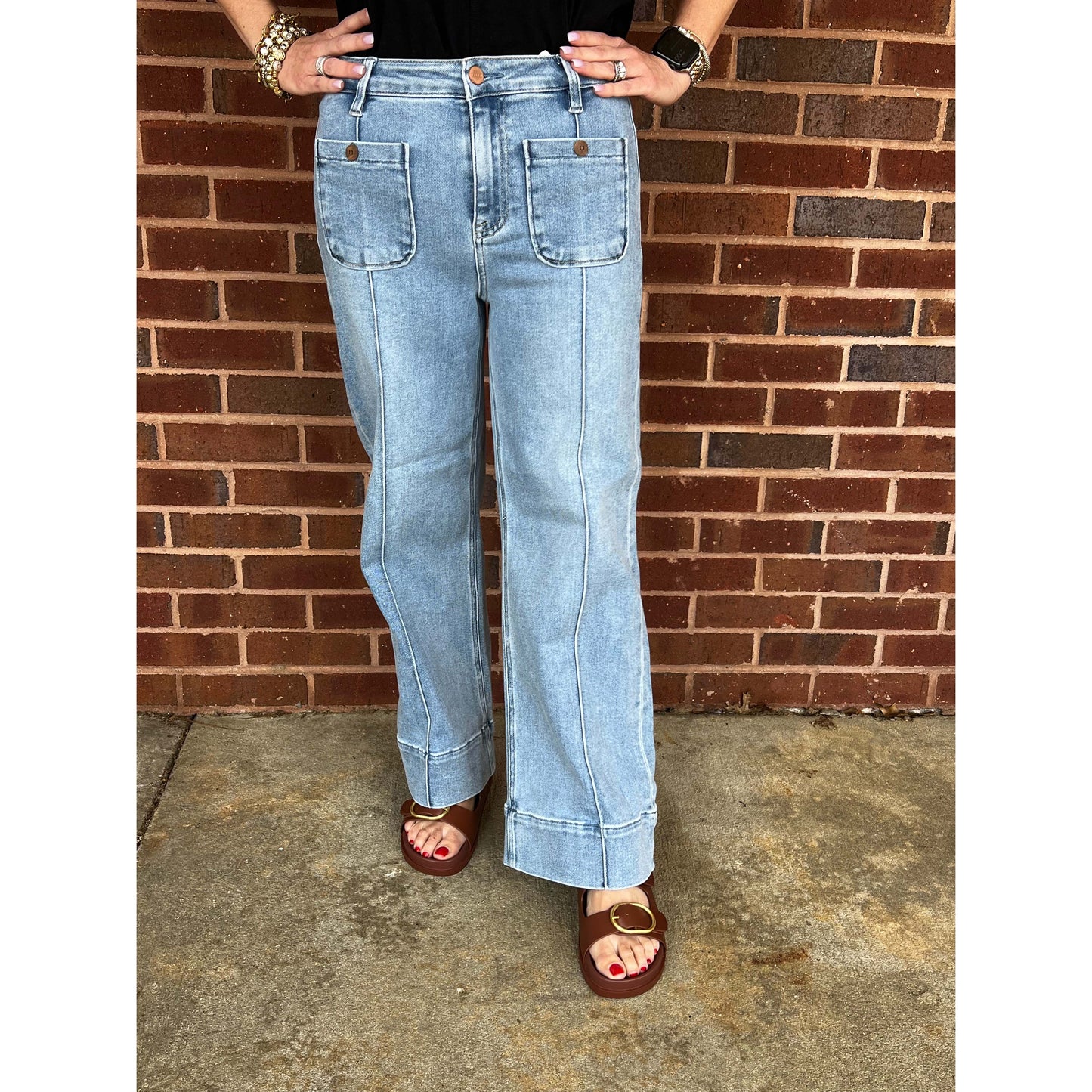 Risen - Mid Rise, Crop, Wide Jeans w Front Pintuck 1009 - Light Blue