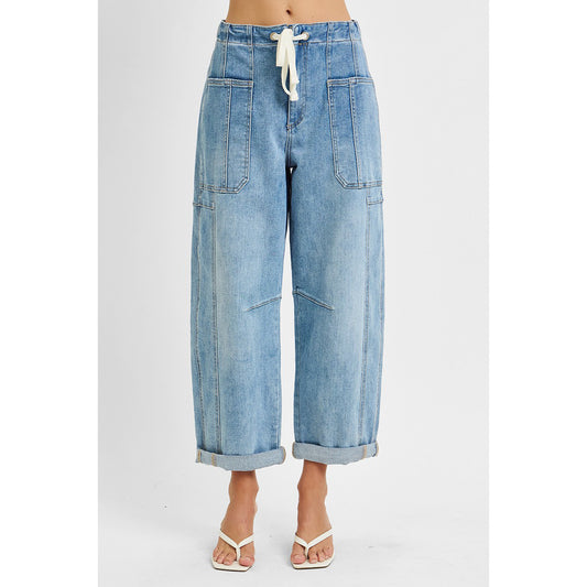 Risen - High Rise Crop Wide Barrel Cargo Pocket Jeans 1142 - Light
