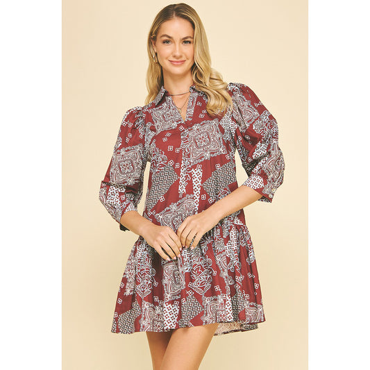 Pinch - Printed, Tiered, Mini Dress 6240 - Burgundy