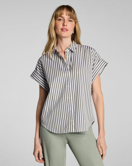 SPANX® Poplin Oversized Short Sleeve Button Down – Frosted Moss/Classic White Stripe