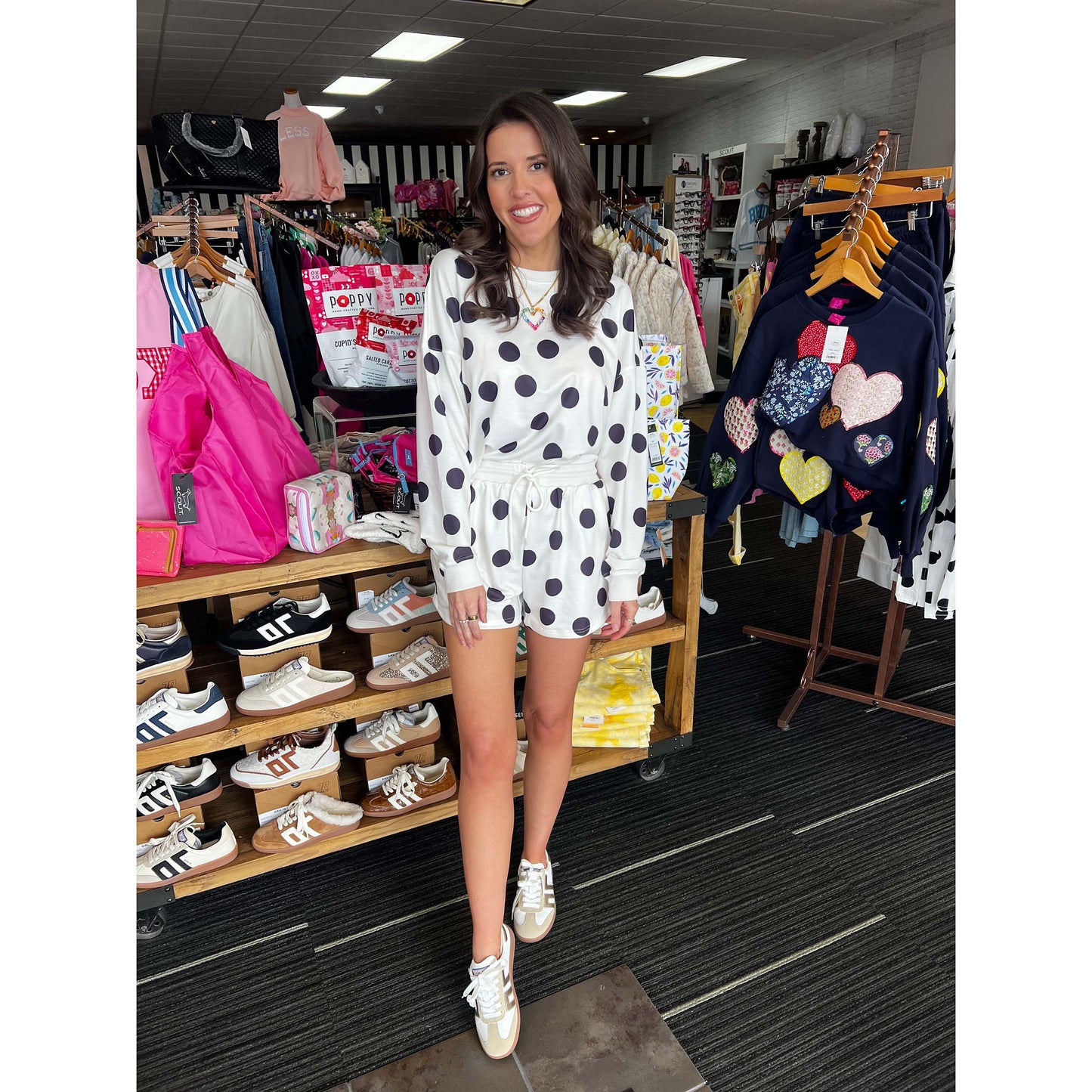 TW - Polka Dot Sweatshirt & Shorts Set - Black / White