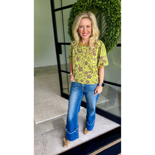 Floral Mineral Washed Top 0249 - Matcha Green
