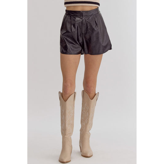 ENTRO - Metallic Texture, High Waisted Shorts w Pockets 1952 - Black