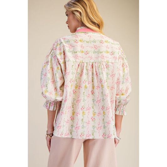 Easel - Floral Printed, Stretch Poplin Button Down Top 9158 - Pink