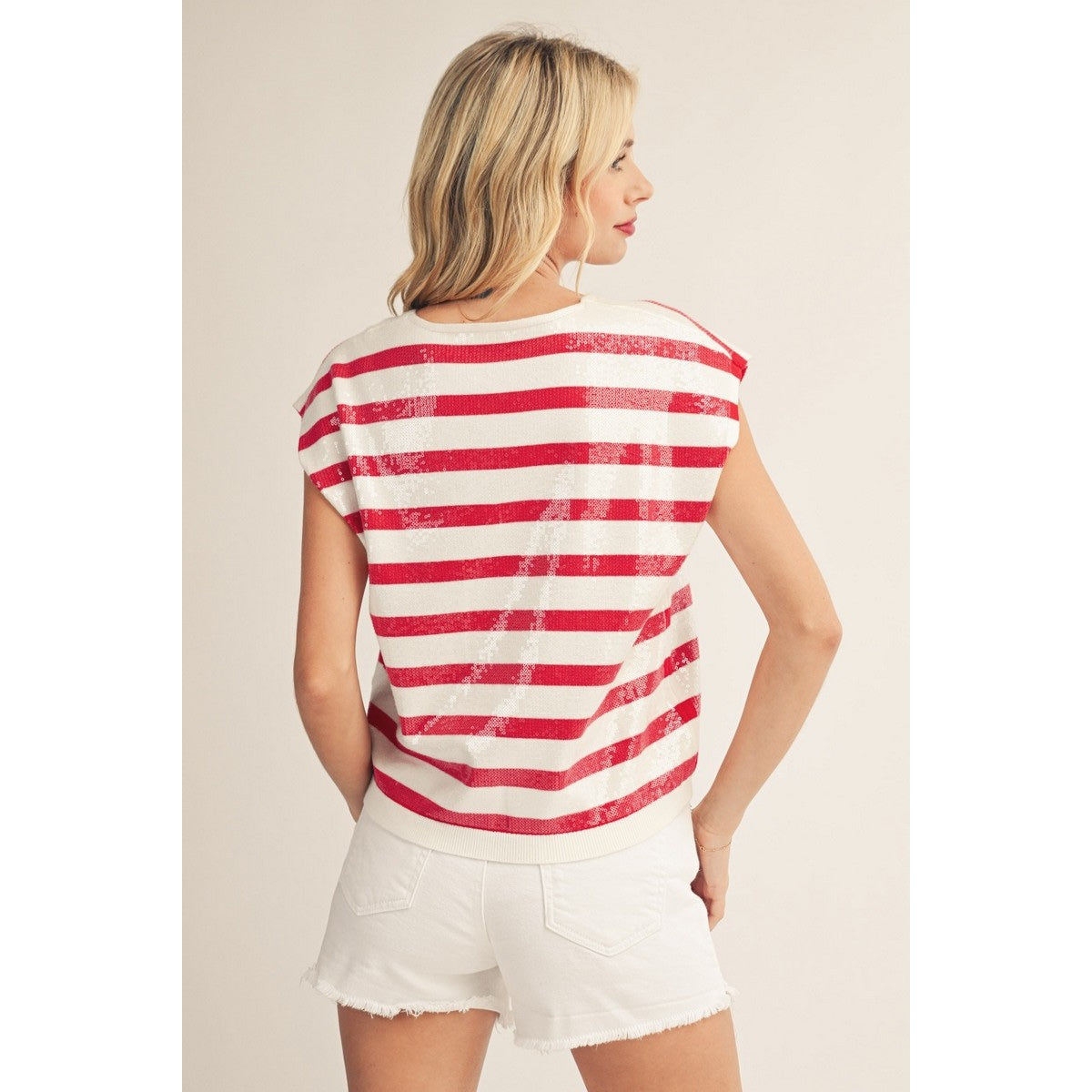 Red Sequin Stripe Sweater Top – V-Neck Sleeveless Knit 5883