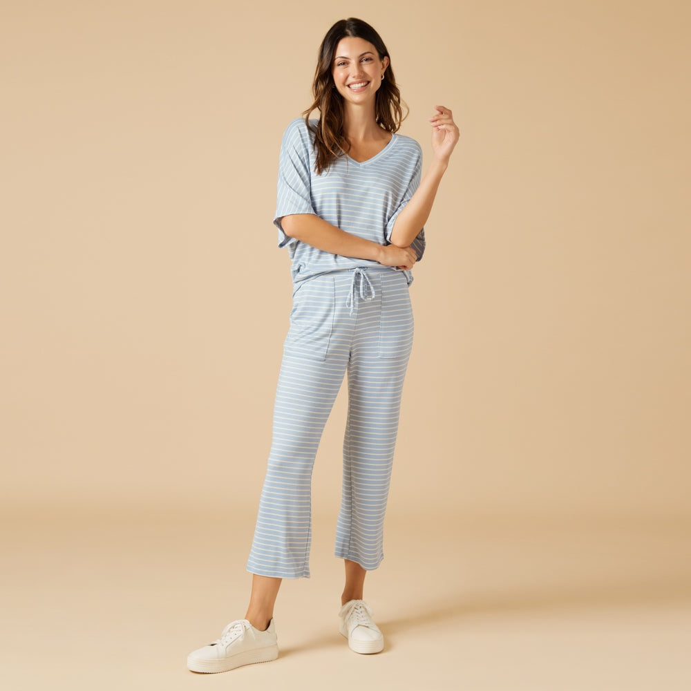 Softies - Sky Blue Striped, Dream Relaxed V-neck with Capri Lounge Set