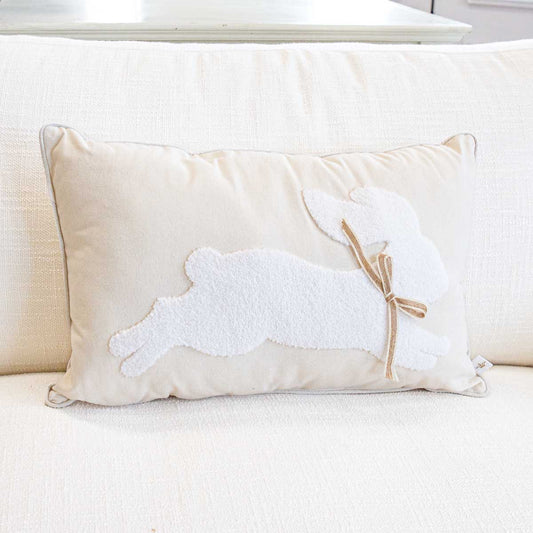Leaping Bunny Embroidered Lumbar Pillow in Soft White/White