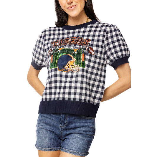 Queen of Sparkles - Licensed Auburn Tigers Gingham Football Sweater - Navy