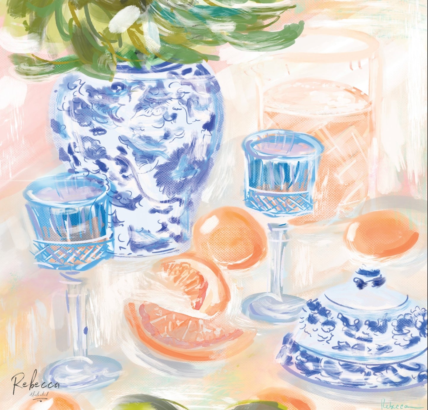 Decorative still life with blue and white ceramic items and oranges on a colorful background.