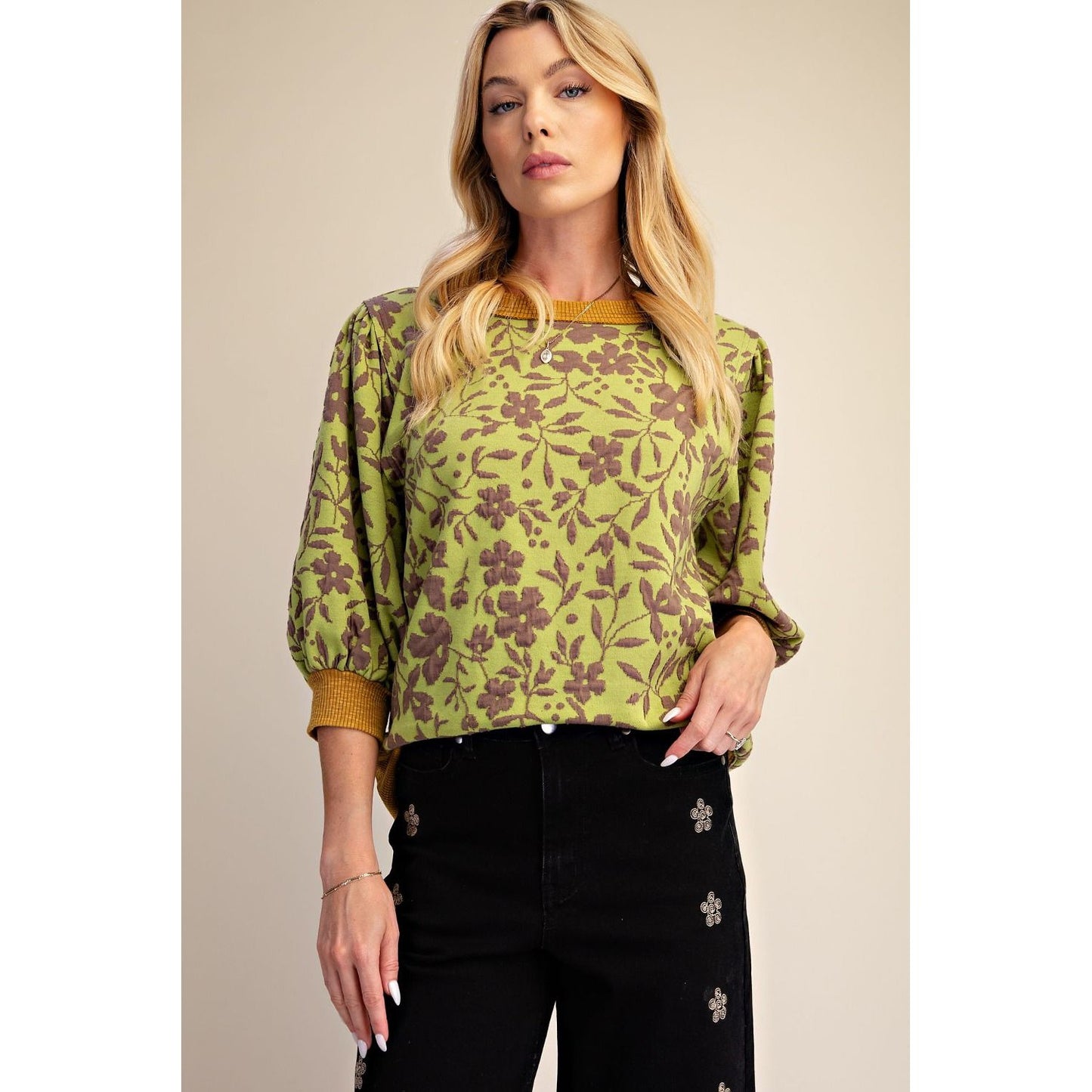 Floral Mineral Washed Top 0249 - Matcha Green
