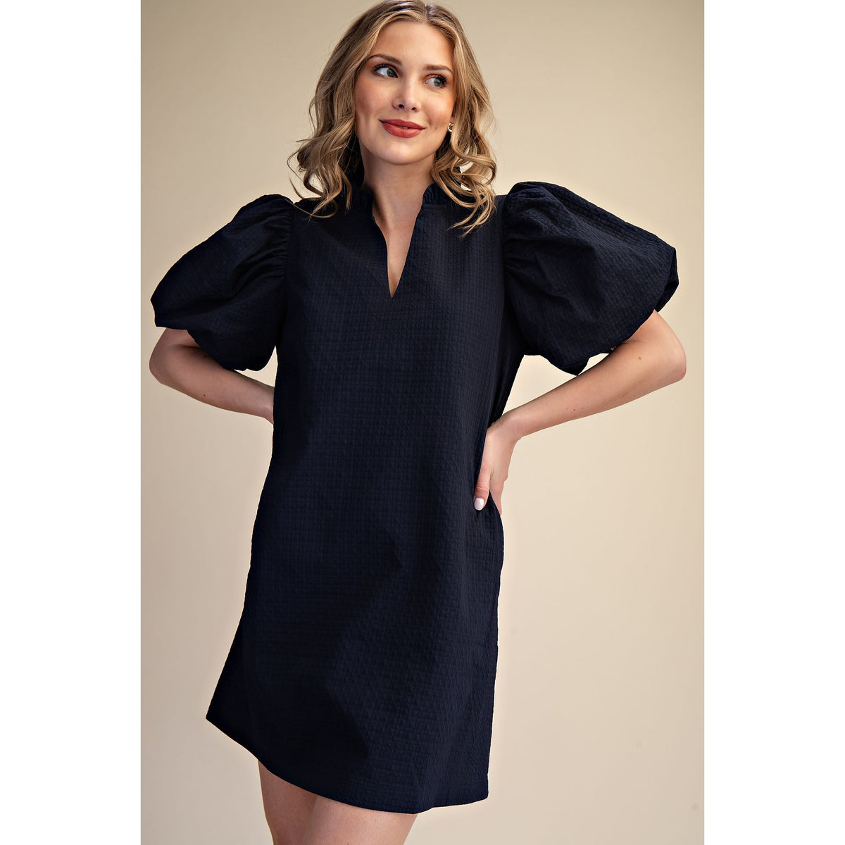 Textured Puff Sleeve Mini Dress – V-Neck Ruffle Dress with Pockets - 8084 - Navy