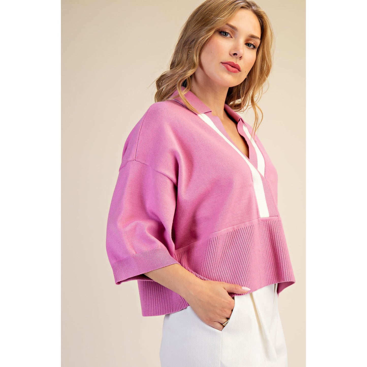 Pink Contrast Trim Sweater β Loose Fit V-Neck Knit Top - 9684