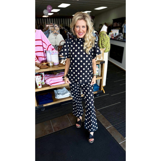 Polka Dot Ruffle Top & Cropped Flare Pants Set 8393/8304– Black