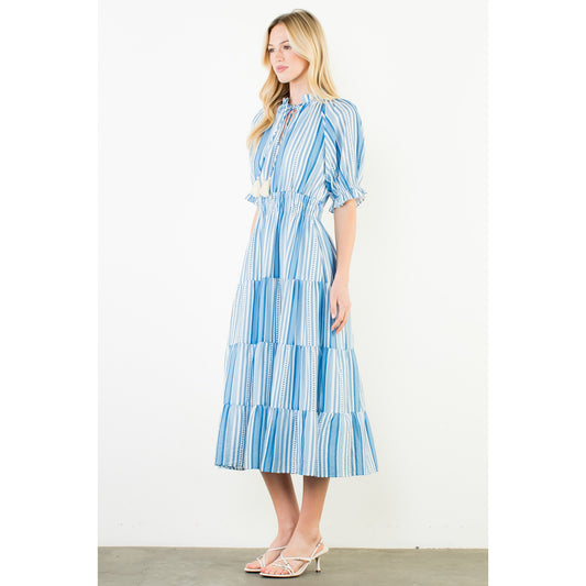 THML - Puff Sleeve, Striped Pattern, Midi Dress 3431 - Blue