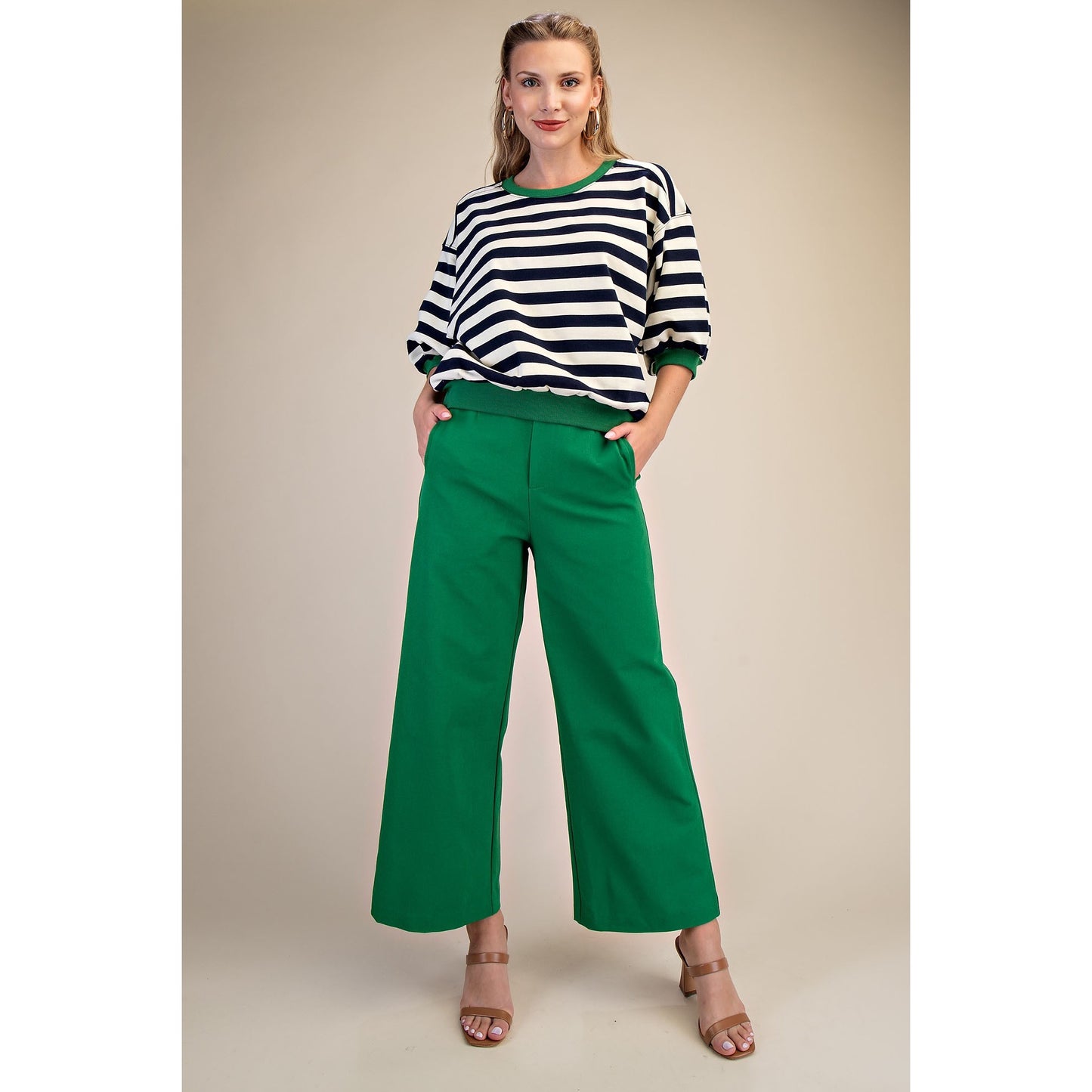 Navy Stripe Knit Top β Green Trim Short Sleeve Sweater - 9528