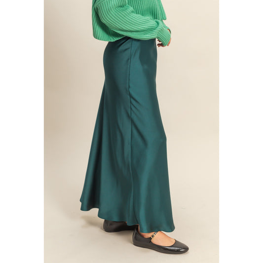 DZ - Elastic Waist, Satin Maxi Skirt 160 - Dark Green