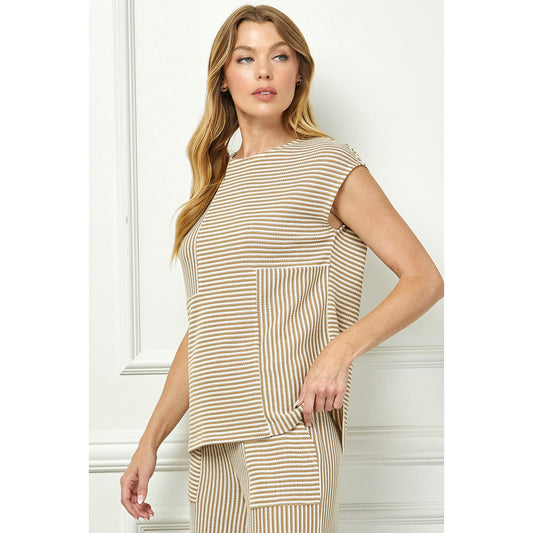 SAS - Drop Shoulder, Striped Top & Cropped Pants Set 3951 / 7345 - Khaki/Cream.