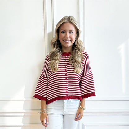 Striped Half Sleeve Oversize Cardigan - Crimson / Off White