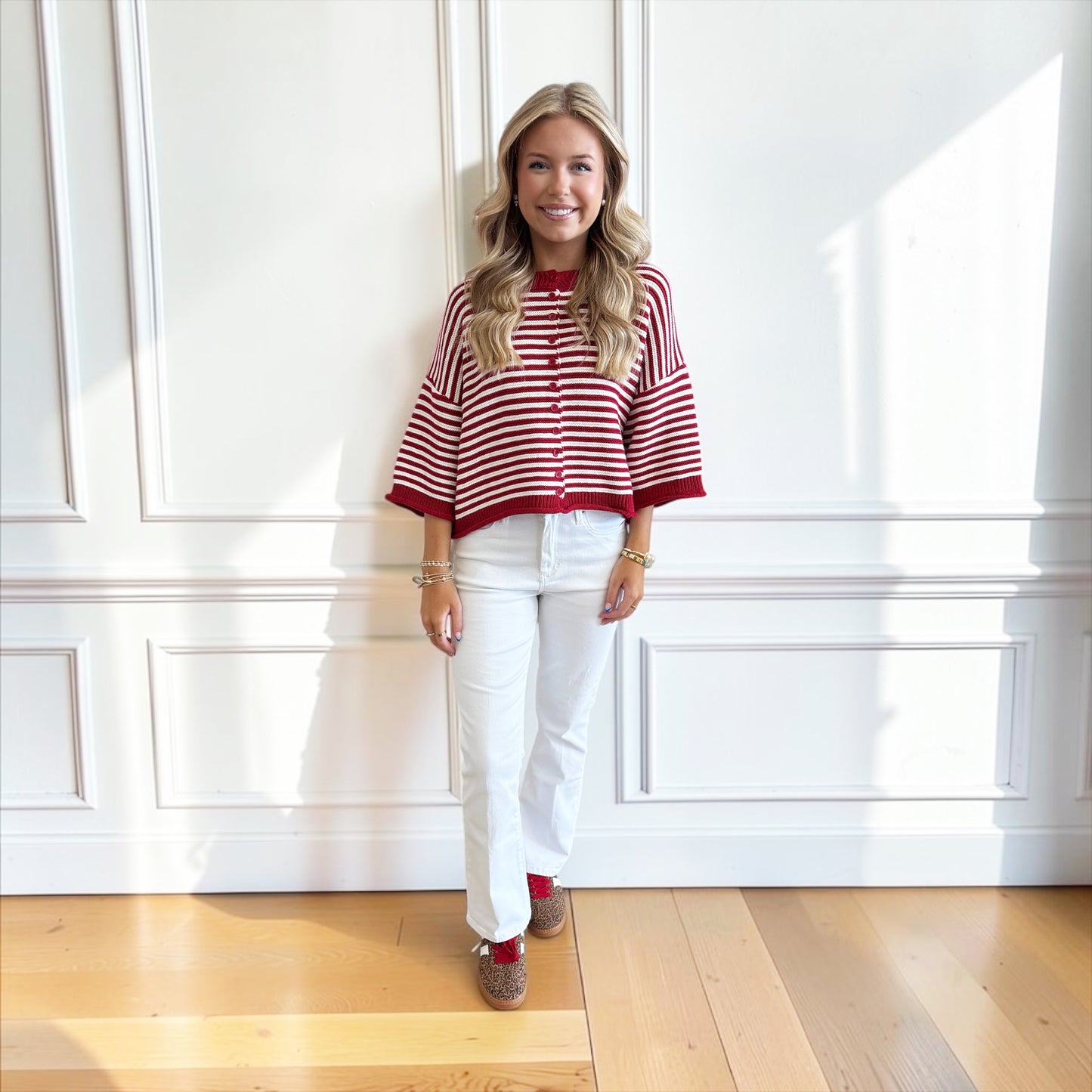 Striped Half Sleeve Oversize Cardigan - Crimson / Off White