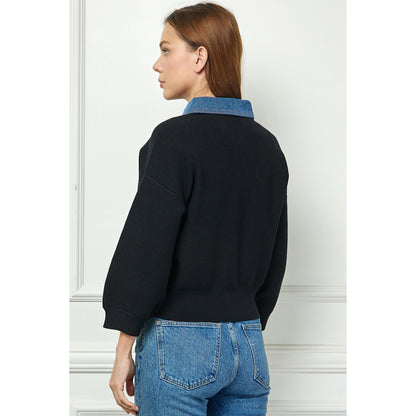 SAB - Sweater Cardigan w Denim collar 6054 - Black