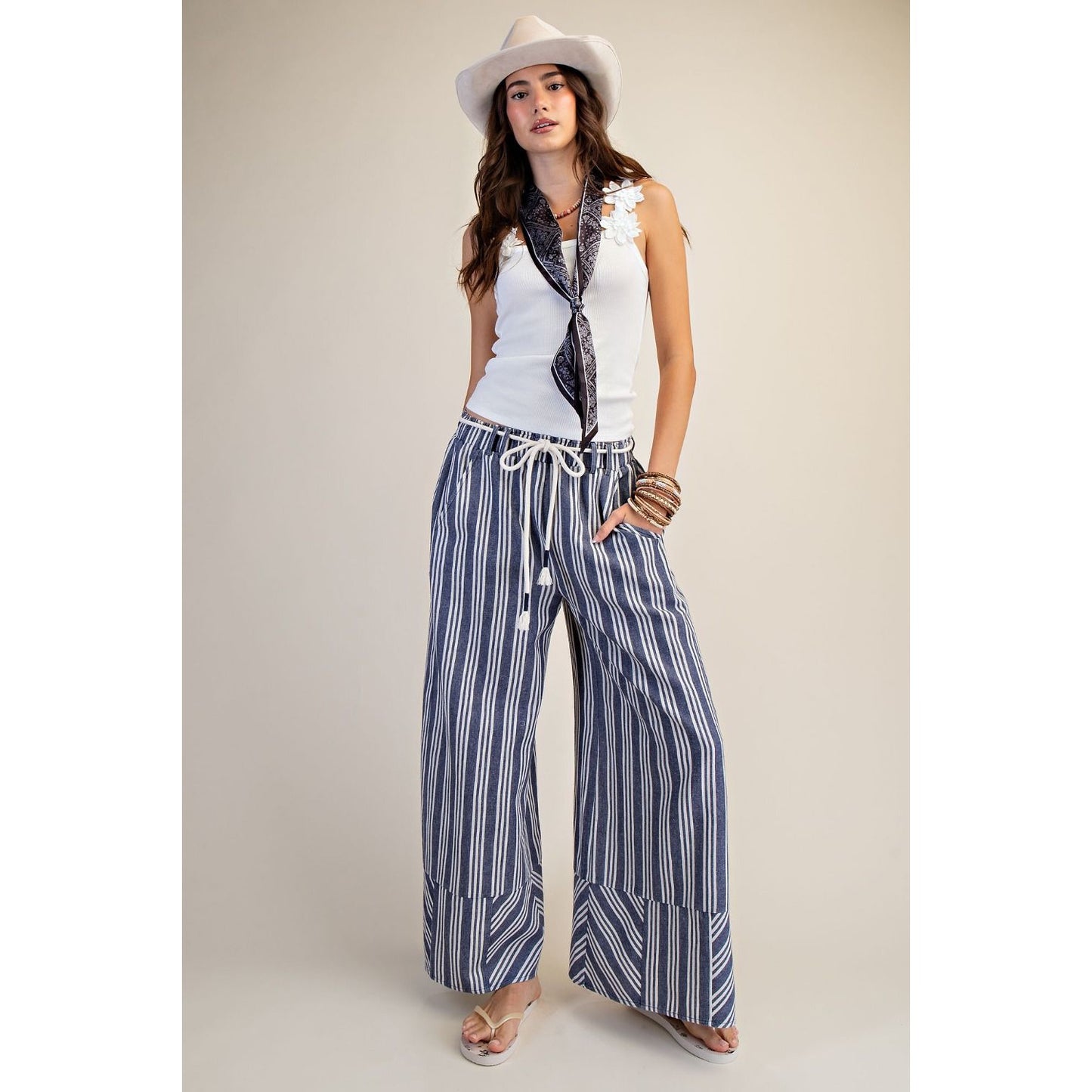 Blueberry Stripe Linen Washed Palazzo Pants 0246