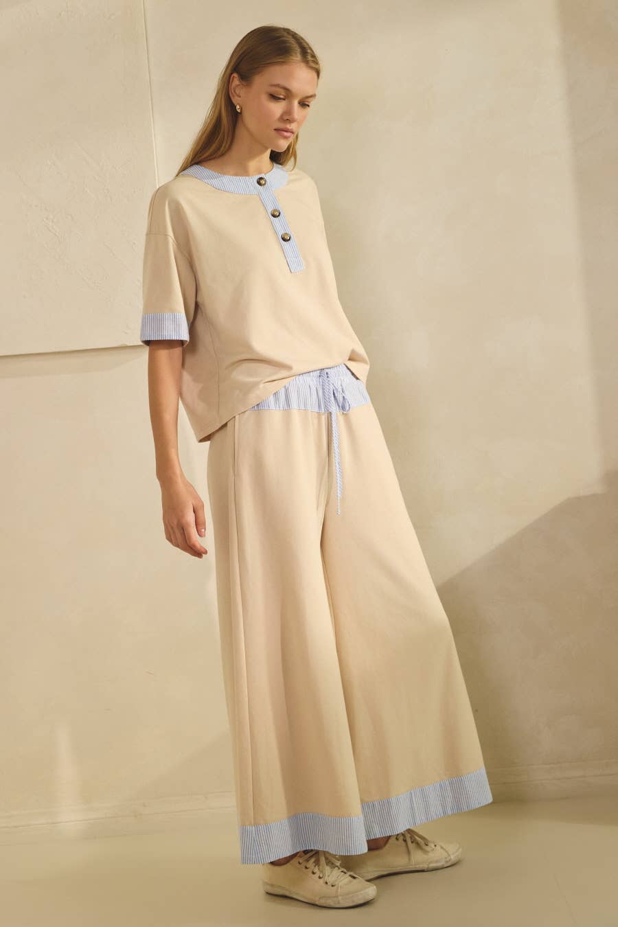 Contrast-trim Henley Top And Pants Set - Ivory