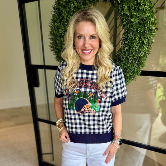 Queen of Sparkles - Licensed Auburn Tigers Gingham Football Sweater - Navy