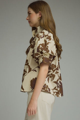 Floral Puff Sleeve Button-Up Top 2550 – Cream & Chocolate