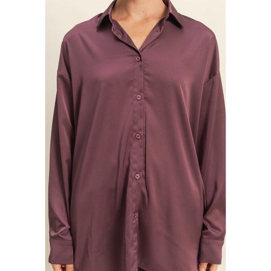 DZ - Long Sleeve Oversized Satin Shirt Top 072 - Dark Cherry