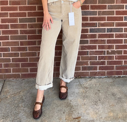 Risen - High Rise Crop, Barrel Corduroy Pants 1167 - Tan